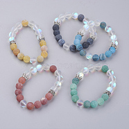 Natural Weathered Agate(Dyed) Beaded Stretch Bracelets, with Synthetic Moonstone Beads and Alloy Crown Beads, Mixed Color, 2 inch(50mm)(BJEW-JB03556)