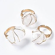 Adjustable Natural Quartz Crystal Finger Rings, with Light Gold Brass Findings, Nuggets, US Size 8 1/4(18.3mm)(RJEW-T019-02J-KC)