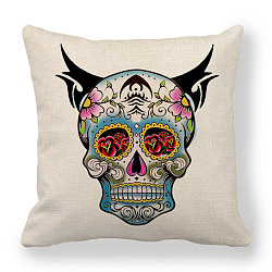 Flax Pillow Covers, Bohemian Style Sugar Skull Pattern Cushion Cover, for Couch Sofa Bed, Square, Rose Pattern, 450x450mm(BOHO-PW0001-083C)