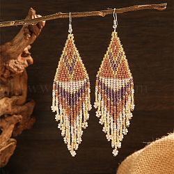 Fashionable Tassel Dangle Earrings, with Geometric Glass Beads, Perfect for Daily Wear, Platinum, Brown, 110~115x28~30mm(XU6080-3)