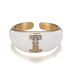 Brass Micro Pave Clear Cubic Zirconia Cuff Rings, Open Rings, with Enamel, Cadmium Free & Lead Free, Golden, Letter.I, US Size 7 1/4, Inner Diameter: 17.6mm(RJEW-H538-03G-I)