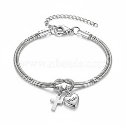 Mother's Day 304 Stainless Steel Snake Chain Double-layered Bracelets, Charm Bracelets for Women, Heart with Mum & Cross, Stainless Steel Color, 6.69 inch(17cm)(WG6C8B3-02)