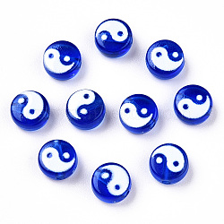 Transparent Acrylic Beads, Flat Round with Yin Yang Pattern, Blue, 7x4mm, Hole: 1.5mm(TACR-T008-05)