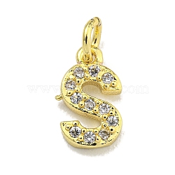 Letter Brass Micro Pave Clear Cubic Zirconia Pendants, Jump Ring, Real 18K Gold Plated, Letter S, 9.5x6.8x1.8mm, Jump Ring: 4x0.9mm, Hole: 2.5mm(KK-K354-06G-S)