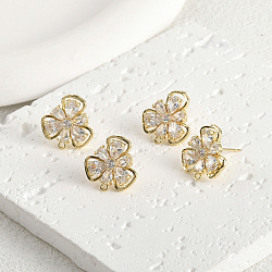 Brass Micro Pave Cubic Zirconia Stud Earring Findings, Long-Lasting Plated, Clover, Real 14K Gold Plated, 16.5x16.5mm, Hole: 1.2mm(KK-Z094-09G)