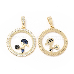 Brass Micro Pave Cubic Zirconia Pendants, Flat Round with Player, Golden, Dark Blue, 28x25.5x2mm, Hole: 5x3mm(KK-H441-27G)