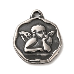 304 Stainless Steel Pendants,  Flat Round with Angel Charms, Antique Silver, 21x18x2.5mm, Hole: 2mm(STAS-L022-270AS)