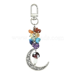 Moon Alloy Pendant Decoraiton, with Gemstone Chip Beads and Mushroom Handmade Lampwork Beads, Alloy Swivel Clasps, Chakra, Rosy Brown, 103mm(HJEW-JM01393-02)