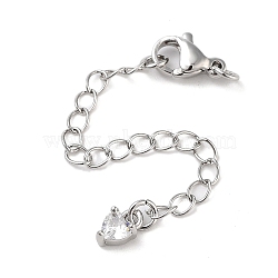 Brass with Cubic Zirconia Chain Extender, End Chains, Cadmium Free & Nickel Free & Lead Free, Heart, Platinum, 73mm(KK-B102-44P)