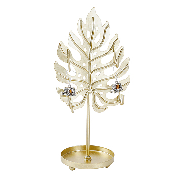 Iron Earring Display Stands with Round Tray, Earring Organizer Holder Ornament, Golden, Leaf Pattern, 9.6x6.6x20cm