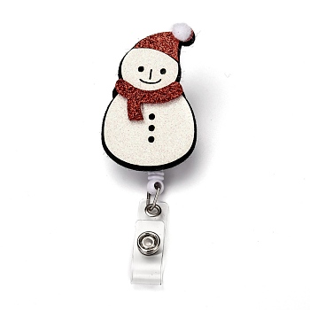 Christmas Snowman Glitter Powder Felt & ABS Plastic Badge Reel, Retractable Badge Holder, with Iron Alligator Clip, Platinum, Antique White, 10.7cm, Snowman: 70x37x28mm