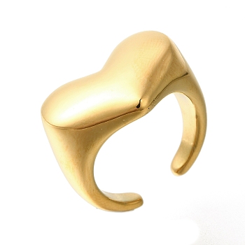 304 Stainless Steel Open Cuff Rings for Women, Heart, Real 18K Gold Plated, 14.5mm, Adjustable