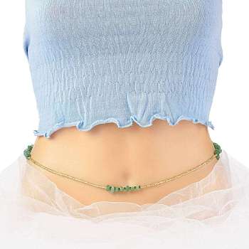 Summer Jewelry Waist Bead, Natural Green Aventurine Chips & Glass Seed Beaded Body Chain, Bikini Jewelry for Woman Girl, Golden, 31.50~31.69 inch(80~80.5cm)