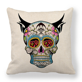 Flax Pillow Covers, Bohemian Style Sugar Skull Pattern Cushion Cover, for Couch Sofa Bed, Square, Rose Pattern, 450x450mm