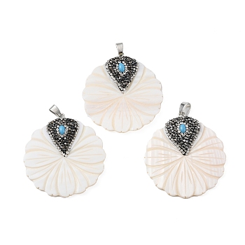 Natural White Shell Pendants, Flat Round Charms with Iron Polymer Clay Rhinestone Findings, Platinum, 48x45x5.5mm, Hole: 6x4.5mm