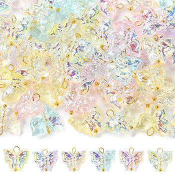 60Pcs 6 Style Glass Pendants, with Brass Findings, Butterfly Charms, Golden, Mixed Color, 14mm, Hole: 2.1mm, 10pcs/style