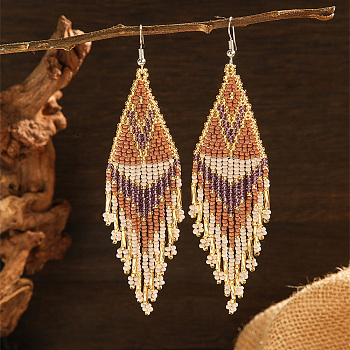 Fashionable Tassel Dangle Earrings, with Geometric Glass Beads, Perfect for Daily Wear, Platinum, Brown, 110~115x28~30mm