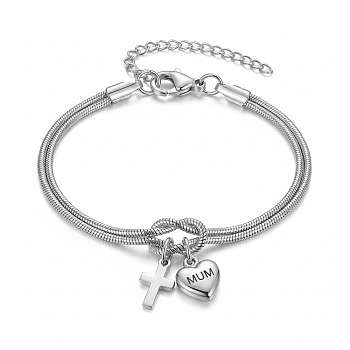 Mother's Day 304 Stainless Steel Snake Chain Double-layered Bracelets, Charm Bracelets for Women, Heart with Mum & Cross, Stainless Steel Color, 6.69 inch(17cm)