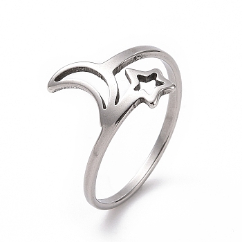 201 Stainless Steel Moon & Star Finger Ring, Hollow Wide Ring for Women, Stainless Steel Color, US Size 6 1/2(16.9mm)