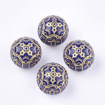 Plating Acrylic Beads, Metal Enlaced, Round, Golden Plated, Dark Blue, 14mm, Hole: 1mm