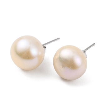 Natural Pearl Round Bead Stud Earrings, with Real Platinum Plated 925 Sterling Silver Findings, Blanched Almond, 18x10~11mm