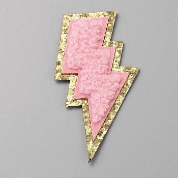 Lightning Bolt Computerized Towel Embroidery Polyester Iron on Patches, Chenille Appliques, with Gold Edge, Pink, 73x38x4mm