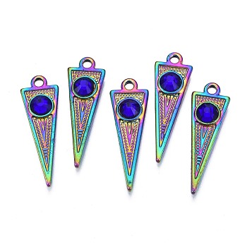 Rack Plating Rainbow Color Alloy Pendants, with Rhinestone, Cadmium Free & Nickel Free & Lead Free, Triangle, Capri Blue, 29x9x4mm, Hole: 1.8mm