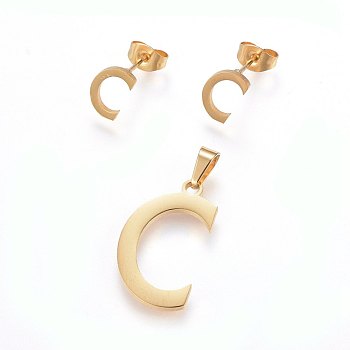 304 Stainless Steel Pendants and Stud Earrings Jewelry Sets, Alphabet, Letter.C, 20~23x13~19x1.5mm, Hole: 6x3mm, 6~10x6~9x1mm, Pin: 0.8mm