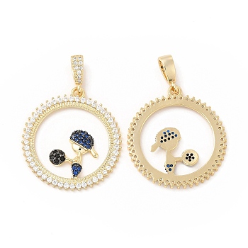 Brass Micro Pave Cubic Zirconia Pendants, Flat Round with Player, Golden, Dark Blue, 28x25.5x2mm, Hole: 5x3mm