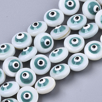 Natural Freshwater Shell Beads, Enamelled Sequins, Flat Round with Evil Eye, Green, 8x6mm, Hole: 0.8~1mm