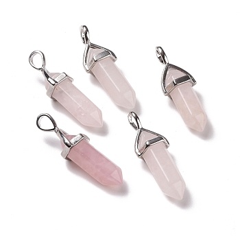Natural Rose Quartz Pendants, Faceted, with Platinum Tone Brass Findings, Lead free & Cadmium Free, Bullet, 27~30x9~10x7~8mm, Hole: 4x3mm