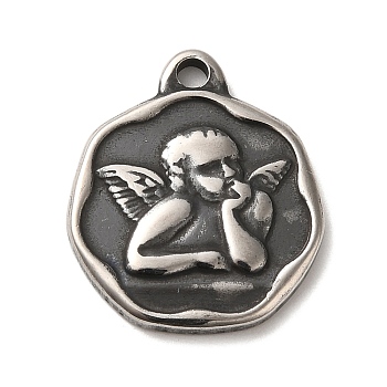 304 Stainless Steel Pendants,  Flat Round with Angel Charms, Antique Silver, 21x18x2.5mm, Hole: 2mm