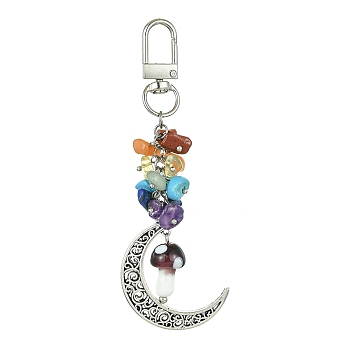 Moon Alloy Pendant Decoraiton, with Gemstone Chip Beads and Mushroom Handmade Lampwork Beads, Alloy Swivel Clasps, Chakra, Rosy Brown, 103mm