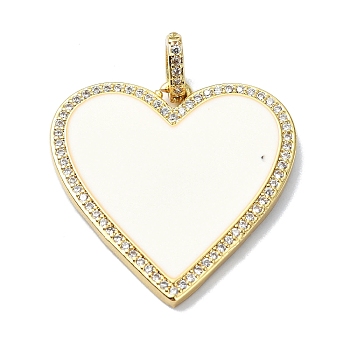Rack Plating Real 18K Gold Plated Brass Micro Pave Cubic Zirconia Pendants, with Enamel, Long-Lasting Plated, Lead Free & Cadmium Free, Heart, White, 31x30.5x2.5mm, Hole: 4.5x3mm