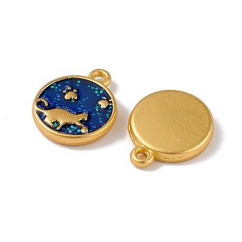 Alloy Enamel Pendants, Flat Round with Cat Charm, Light Gold, Marine Blue, 15.5x13x3mm, Hole: 1mm