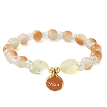 Jewelry Gift for Mother's Day, Alloy Enamel Charm Bracelets, Round & Heart Twon Tone Glass Beaded Bracelet for Women, Chocolate, Inner Diameter: 2 inch(5cm)