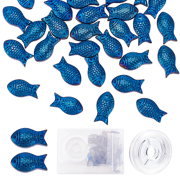 DIY Fish Beaded Bracelet Making Kit, Including Frosted Electroplate Glass Beads, Elastic Thread, Blue, Beads: 15x8x5mm, Hole: 1mm, 50Pcs/box