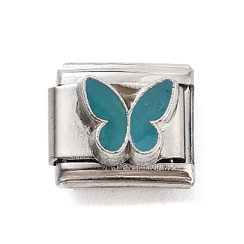 Butterfly 304 Stainless Steel Enamel Connector Charms, DIY Handmade Module Bracelet Accessories, Stainless Steel Color, Teal, 10x9x6.5mm