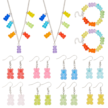 Bear Resin Pendant Necklaces & Beaded Bracelets & Dangle Earrings, Alloy Jewelry Set for Women, Mixed Color, 18.11~18.50 inch(46~47cm), 3mm, 6-3/4 inch(17.3cm), 38mm, Pin: 0.7mm, 20Pcs/box