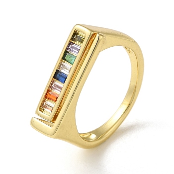 Rack Plating Real 18K Gold Plated Brass Micro Pave Clear Cubic Zirconia Finger Rings, Rectangle, Colorful, US Size 7 1/4(17.5mm)