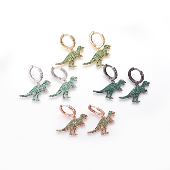 Brass Cubic Zirconia Hoop Earrings, Dangle Earrings, Dinosaur, Green, Mixed Color, 31mm, Pendant: 18x24x2.5mm, Pin: 1mm