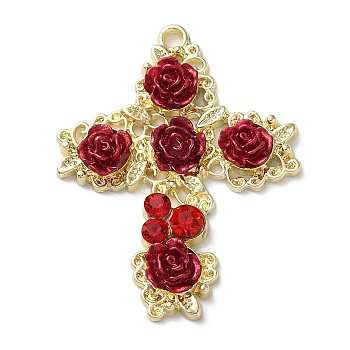 Rack Plating Light Gold Alloy Rhinestone Pendants, with Resin Rose, Long-Lasting Plated, Flower Charm, Cross, 36.5x28.5x4.5mm, Hole: 2mm