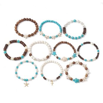 10Pcs 10 Styles Synthetic Turquoise & Coconut & Wood Beaded Stretch Bracelet Sets, Summer Turtles & Starfish , Mixed Color, Inner Diameter: 2-1/8 inch(5.5cm), 1pc/style