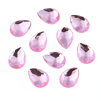 Acrylic Rhinestone Flat Back Cabochons, Faceted, Bottom Silver Plated, teardrop, Pearl Pink, 14x10x3.5mm