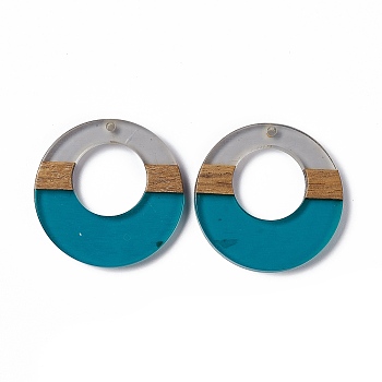 Transparent Resin & Walnut Wood Pendants, Ring Charms, Teal, 38x3.5mm, Hole: 2mm