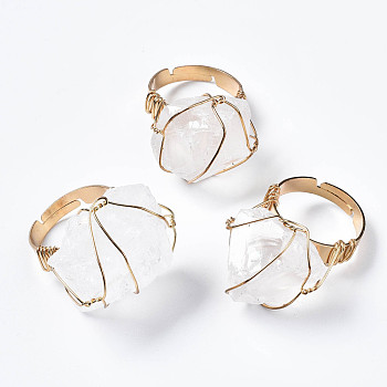 Adjustable Natural Quartz Crystal Finger Rings, with Light Gold Brass Findings, Nuggets, US Size 8 1/4(18.3mm)