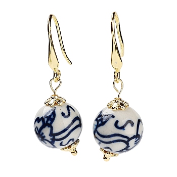 Round Porcelain Dangle Earrings, Rack Plating Brass Earrings for Women, Golden, 42~44x13~14mm