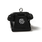 Opaque Resin Pendants, with Platinum Tone Iron Loops, Electrical Appliance Charms, Black, Telephone Pattern, 18.5x24.5x16.5mm, Hole: 2mm(RESI-A019-02D)