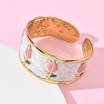 304 Stainless Steel Enamel Cuff Bangles for Women, Tulip Pattern, White, Golden, Inner Diameter: 1.93 inch(4.9cm)(BJEW-F541-01G)