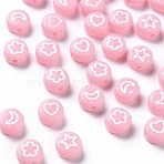Opaque Acrylic Beads, Flat Round with White Heart & Flower & Moon & Star, Pink, 7x4mm, Hole: 1.6mm(MACR-N008-40E)